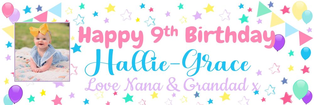Large Personalised Banner Any Occasion Name with Photo for Men Women Boys Girls (6ftx2ft with PHOTO, Pastel Stars)