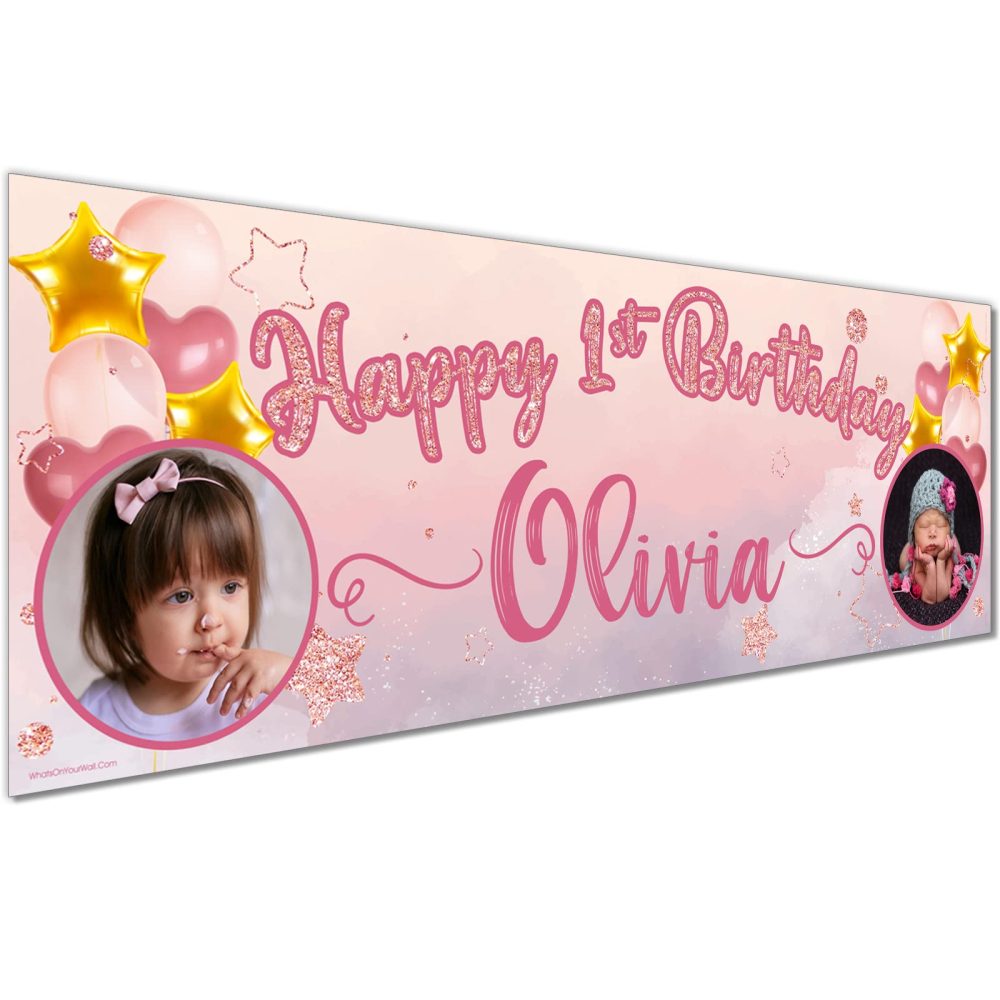 Small Banner 2 x 3ft | Personalised 1st Happy Birthday Photo Banner | 1st Birthday Decorations for Girls | First Birthday Decorations Girl | 1st Birthday Banner Girl | Botanical Leaf - Image 5