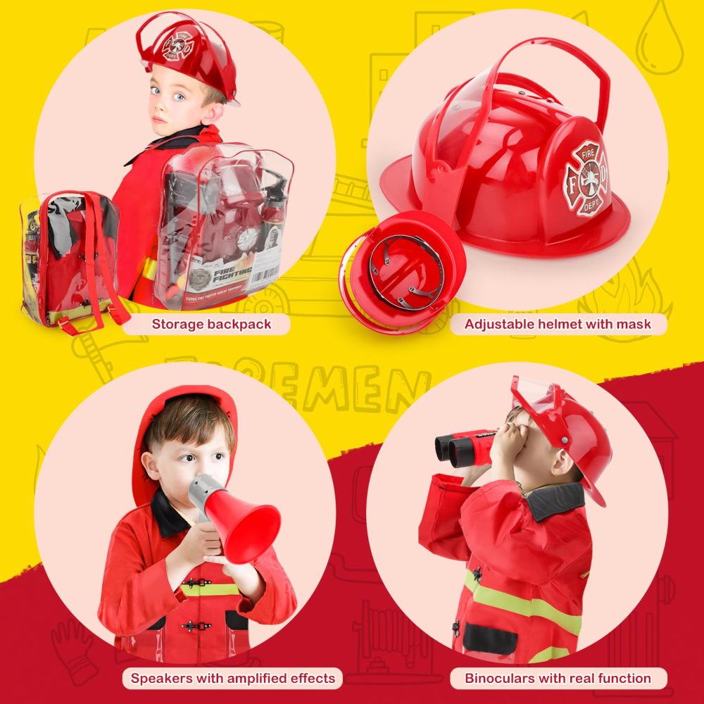 deAO Washable Kids Fireman Costume Role Play Toys with 13 Fire Fighter Toy Accessories, Storage Backpack and Water Shooting Extinguisher - Fancy Dress for Kids & Toddlers Halloween - Image 7