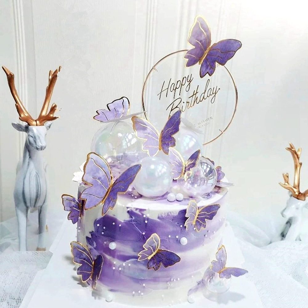 OWill 22-Pieces Butterfly Cake Decorations with Happy Birthday Acrylic Cake Toppers for Baby Shower Wedding Birthday Party Decor (Purple & Pink) - Image 2