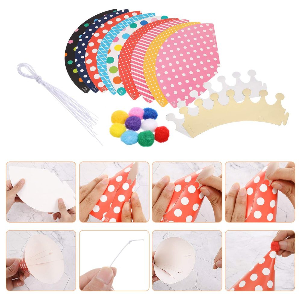 Opopark 11pcs Birthday Party Cone Hats with Pom Poms (9 Hats and 2 Crowns), 15 Pcs Party Blowouts, Mini Paper Party Hat and Blowouts Set for Boys Gilrs Childrens Party Decoration - Image 6