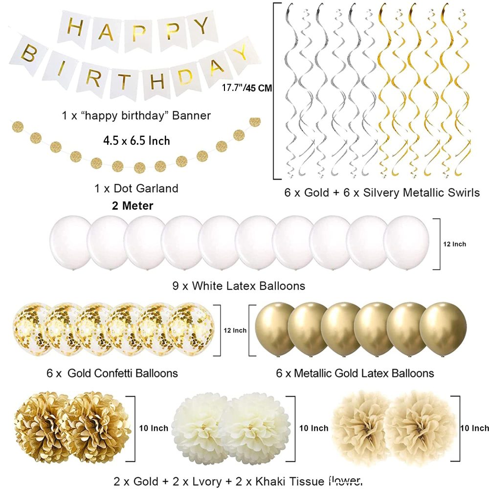NiCoLa Gold and White Birthday Party Decorations Set, Happy Birthday Decorations including Happy Birthday banner, Tissue Paper Poms, Latex Balloon, Glitter Garlands, Hanging Swirls Party Decorations - Image 7