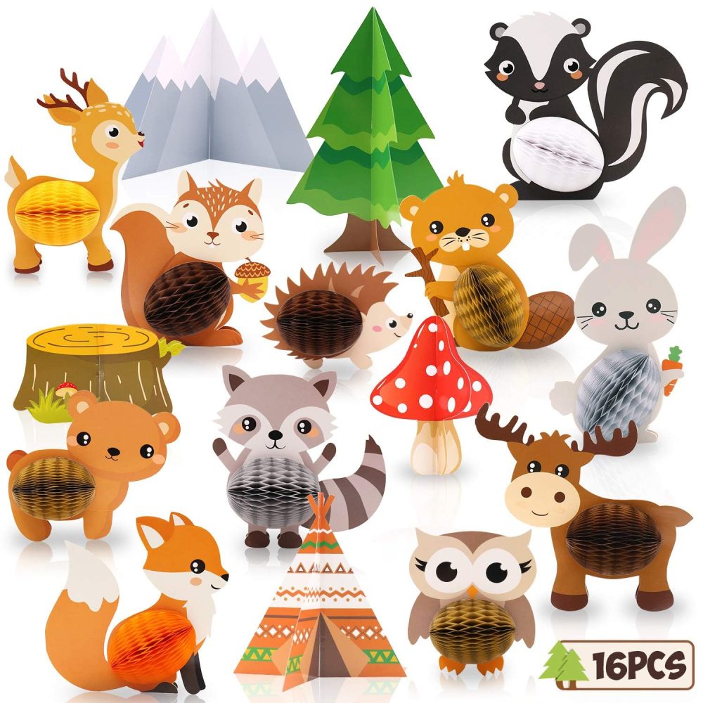 16PCS Woodland Animals Honeycomb Centerpieces Forest Friends 3D Table Toppers for Woodland Baby Shower Birthday Decorations Wild One Camping Party Supplies
