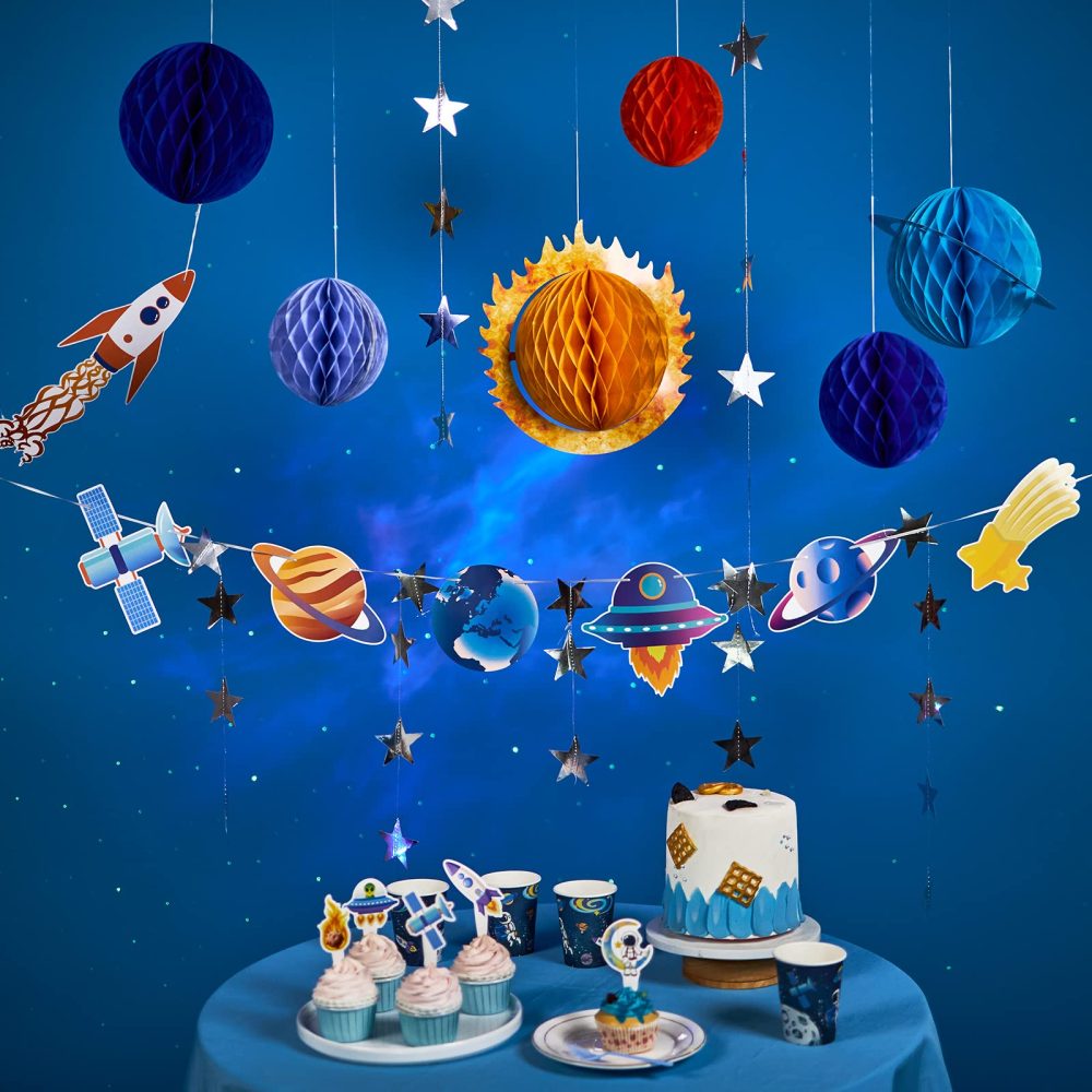 SUNBEAUTY 14 PCS Outer Space Party Decorations Solar System Hanging Honeycomb Decorations Galaxy Party Supplies 3D Planets Space Birthday Party Ceiling Ornaments Decor with Banner and Stars - Image 6