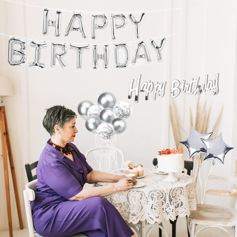 Happy Birthday Balloons, Silver Happy Birthday Balloons Banner Party Decoration, Birthday Banner Foil Balloons Self Inflating with Latex Balloons Confetti Balloons for Happy Birtyday Decorations. - Image 2