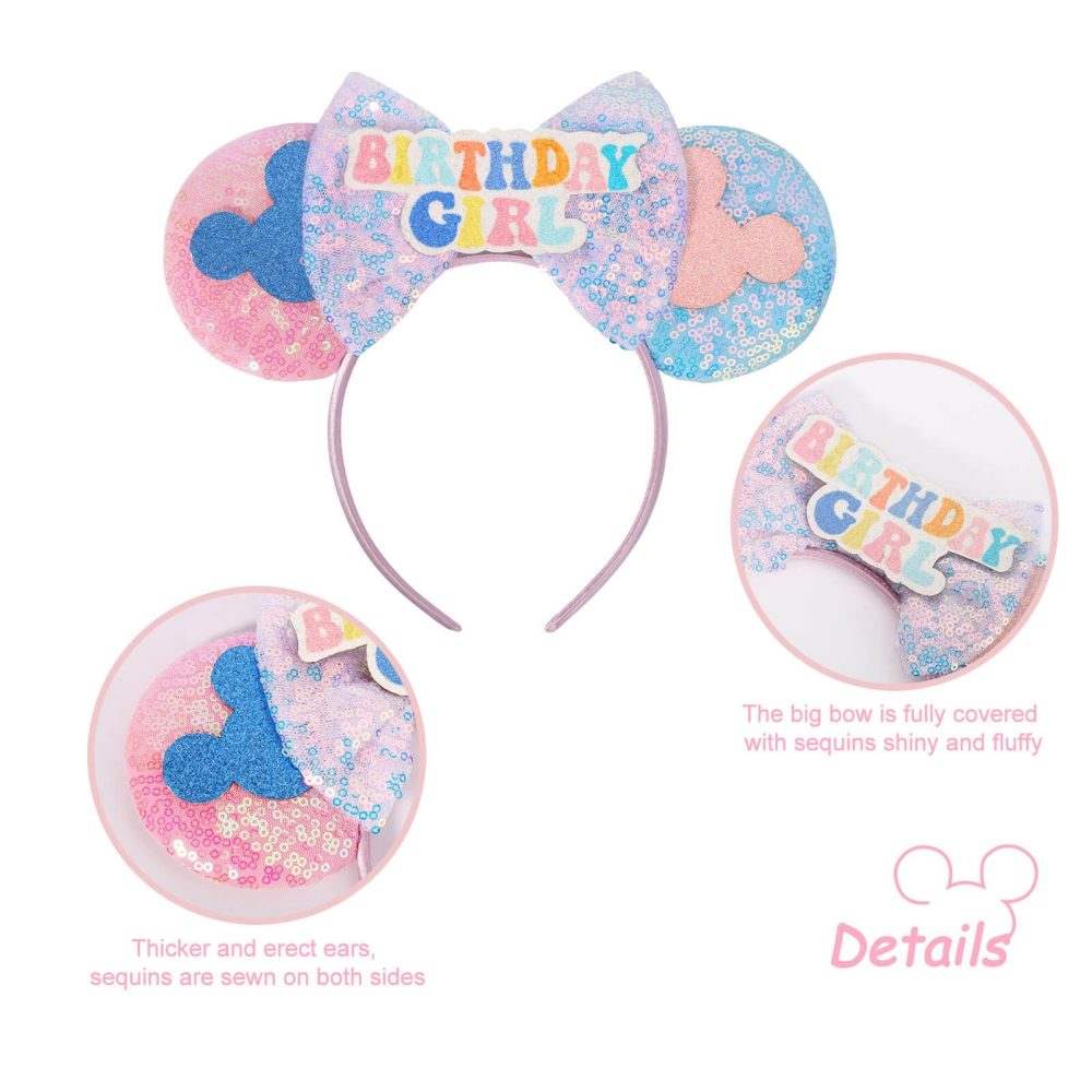 UNKJIN Mouse Ears Headband, Birthday Ears Headband, Sequin Bow Headband for Princess Birthday Party Decoration (Birthday) - Image 4