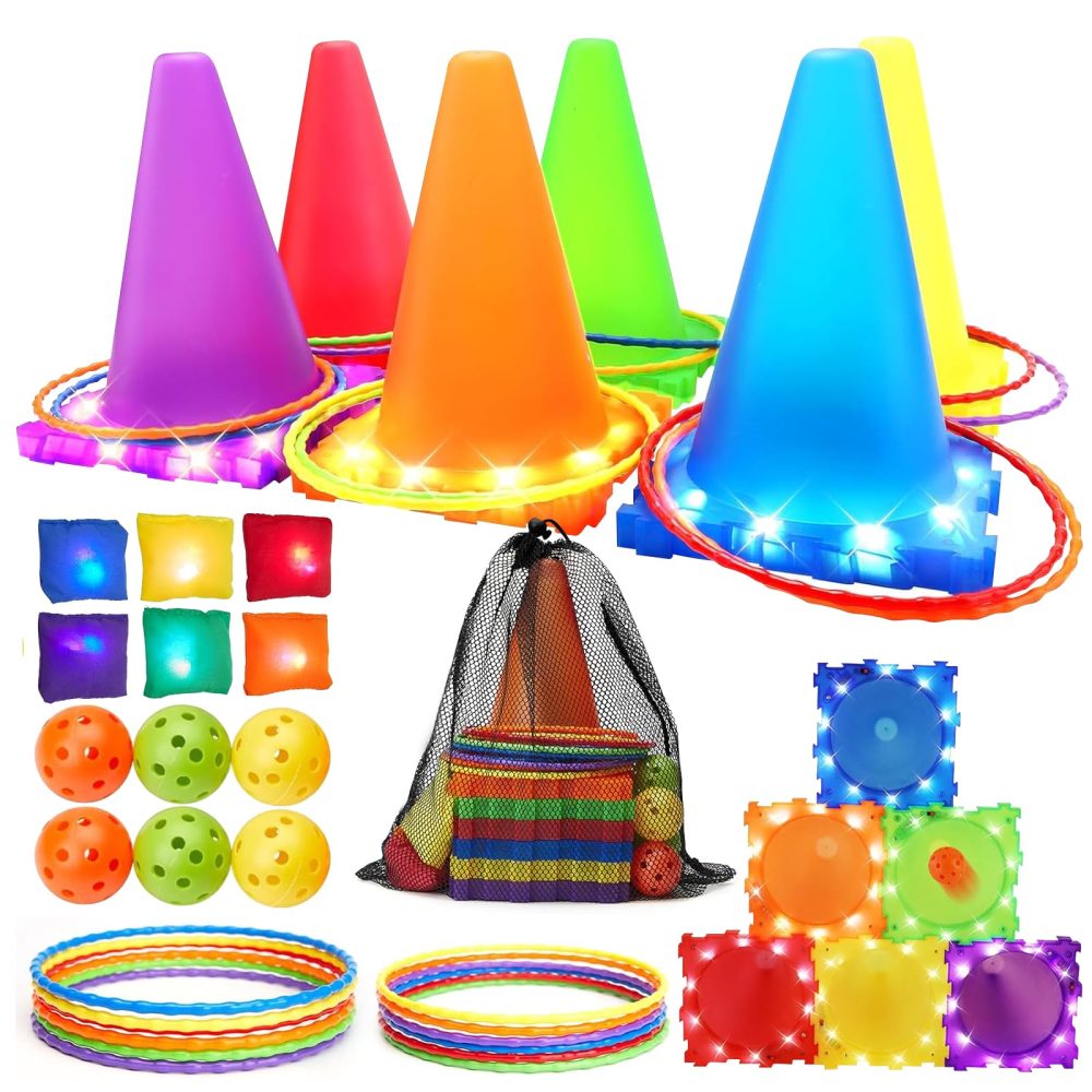 Bean Bag Toss Garden Game Toys for Kids - Light Up 3 in 1 Carnival Games Set, Cones Bean Bags Ring Toss, Outdoor Games Play Equipment for Kids Family Garden Toys Birthday Party Sports Day