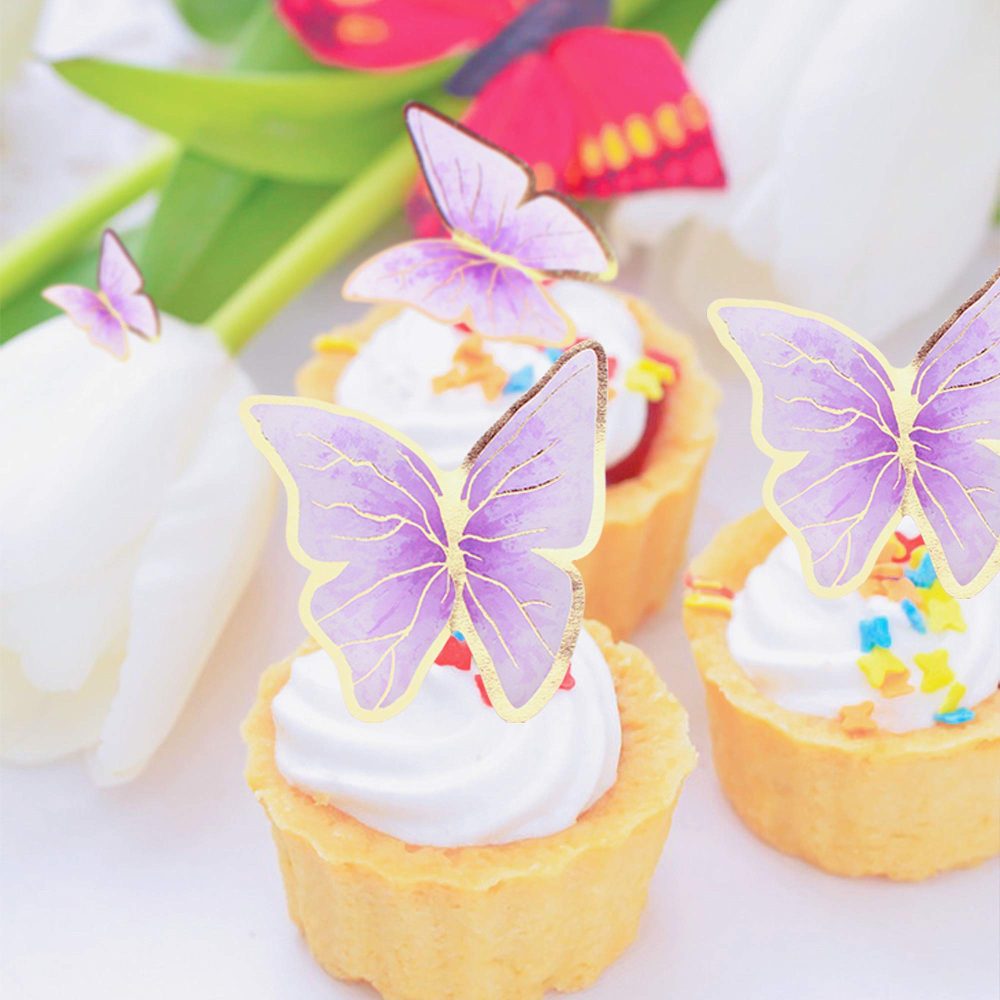 Blumomon 30Pcs Lively 3D Butterfly Cake Topper Decorations Purple Gold Edge Mixed Size Butterfly Cupcake Picks for Girls Women's Happy Birthday Wedding Party Cake Wall Party Food Decorations - Image 2