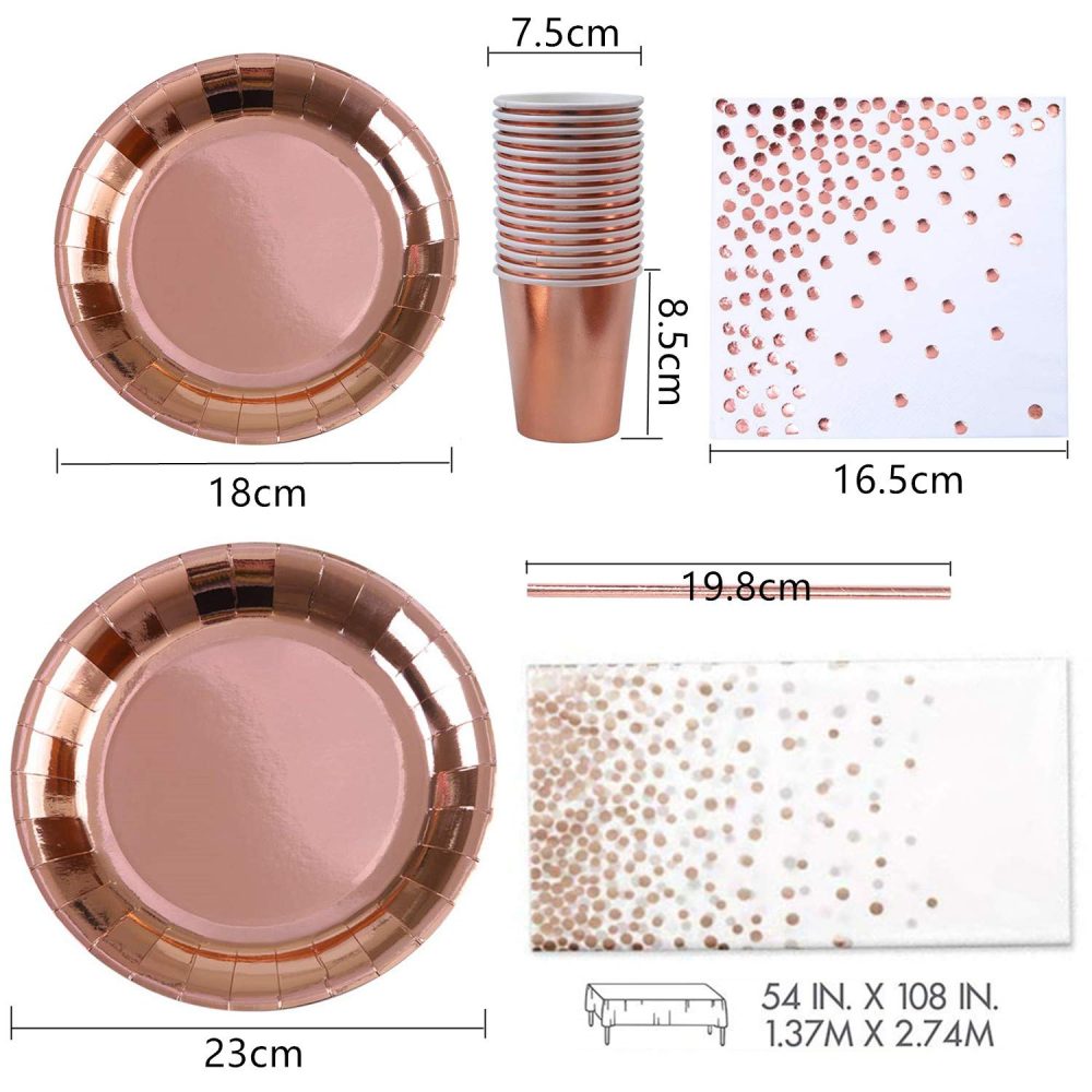 TOPWAYS Rose Gold Birthday Decorations Party Tableware Set, Disposable Paper Party Plates Cups Napkins Tablecloth Decorations for Kids Women Men Birthday, Weddings, Picnics, Anniversary (16 Guests) - Image 5