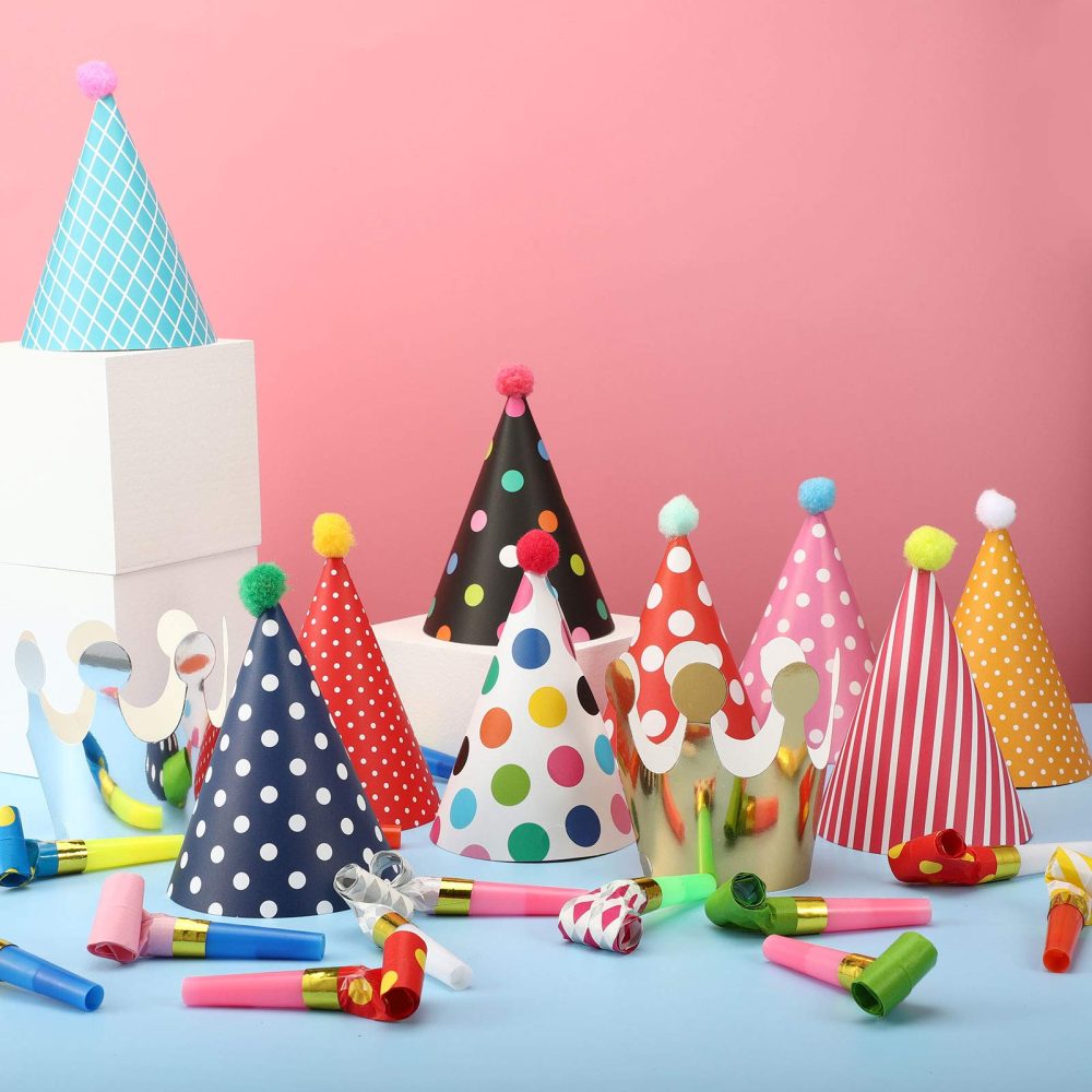 FRIUSATE 38 Pack Party Hats Set, 11PCS Birthday Party Cone Hats Lovely Crown with Pom Poms, 15PCS Colorful Party Blowouts, 12PCS Tassel Blowouts, Birthday Party Hat Decorations for Kids Adults - Image 2