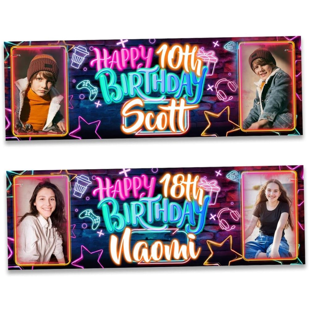 2 Personalised birthday banner photo neon theme balloon hearts man woman kids children boy girl gift party decoration-1st 10th 18th 21st 30th 40th 50th