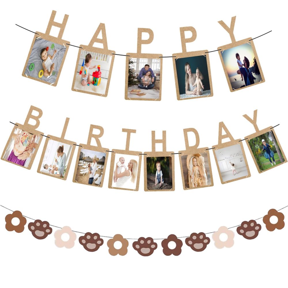 2 PCS Happy Birthday Photo Banner, Personalised Birthday Banner for Photo and Cute Bear Claw Bunting, Birthday Party Decor with 13 Photo Frames, Perfect Milestone Birthday Bunting for Kids (Bear Claw)