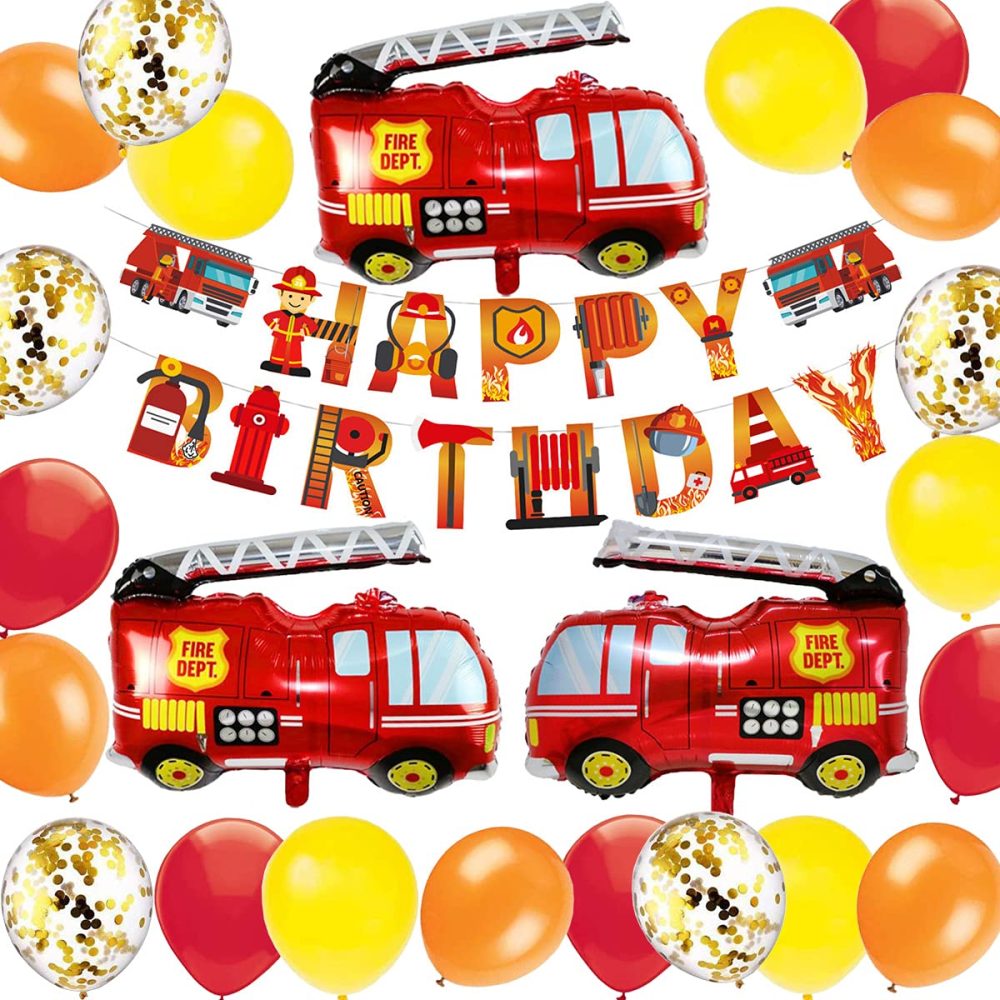 Giant Fire Truck Foil Balloons for Firefighter Theme Birthday Party Decoration with Fireman Birthday Banner