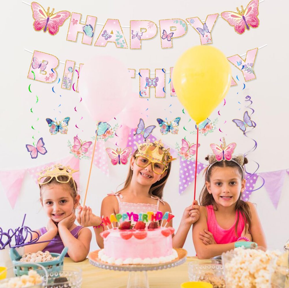 Butterfly Birthday Decorations,Butterfly Decorations Butterflies Decorations Hanging Swirls Happy Birthday Banner Birthday Decoration for Women Birthday Decorations for Girls Birthday Girl Decoration - Image 2