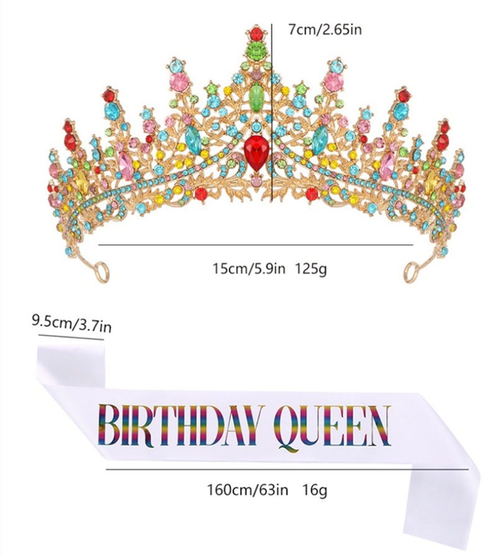 CHTENG Colorful Birthday Girl Sash Badge and Tiara Crystal Baroque Rhinestone Crown Headband for Birthday Party Supplies - Image 3