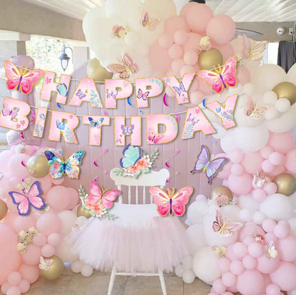 Butterfly Birthday Decorations,Butterfly Decorations Butterflies Decorations Hanging Swirls Happy Birthday Banner Birthday Decoration for Women Birthday Decorations for Girls Birthday Girl Decoration - Image 4