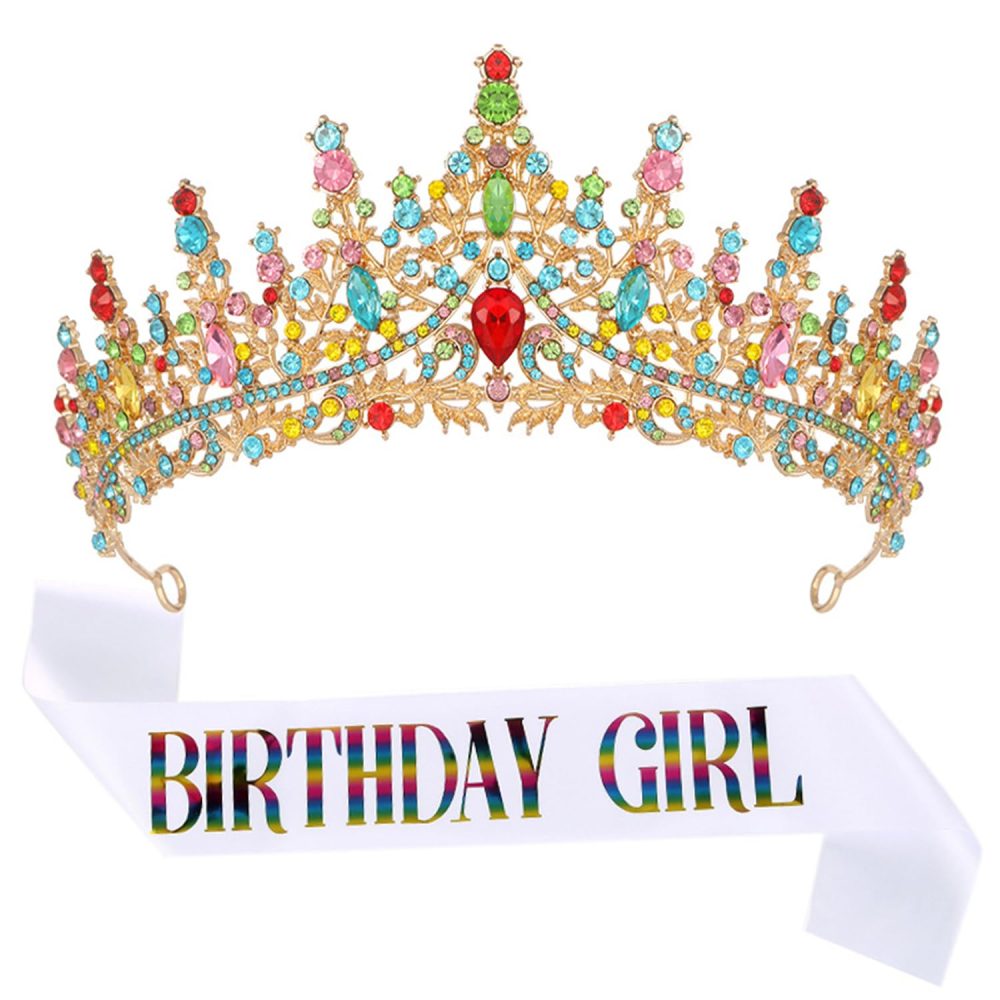 CHTENG Colorful Birthday Girl Sash Badge and Tiara Crystal Baroque Rhinestone Crown Headband for Birthday Party Supplies