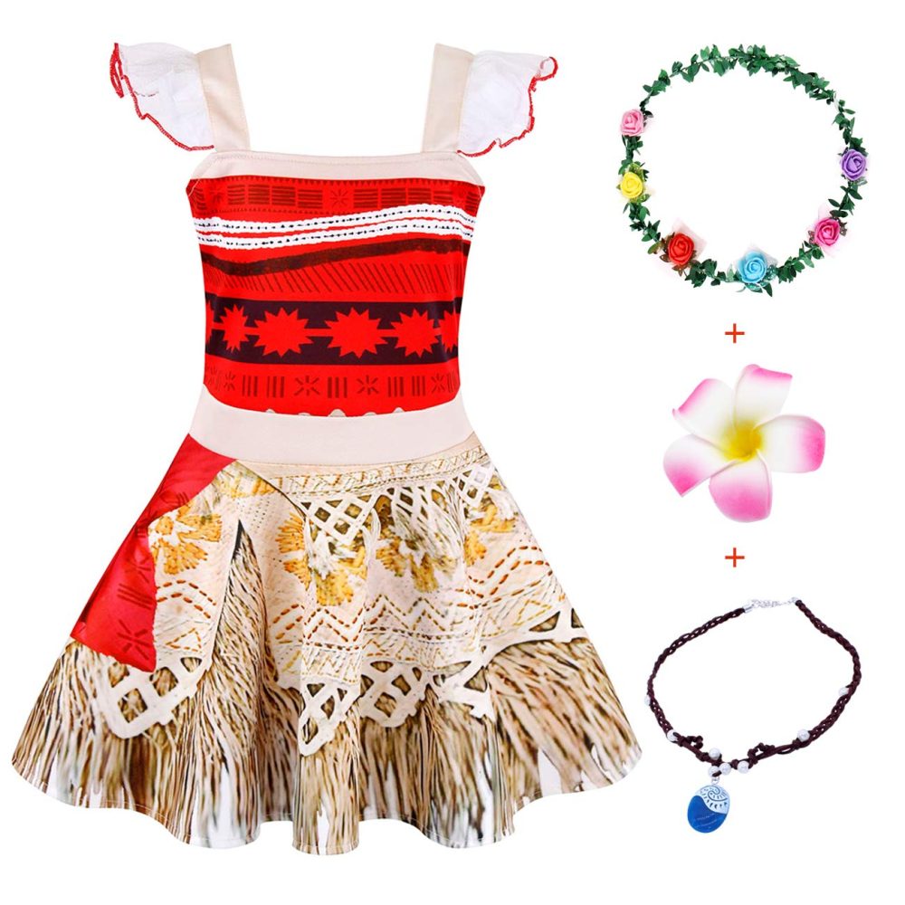 Jurebecia Kids Princess Dress Adventure Outfits Set for Girls Princess Dresses with necklace Headbands flower hair clip Halloween Birthday Party Red 1-2 Years