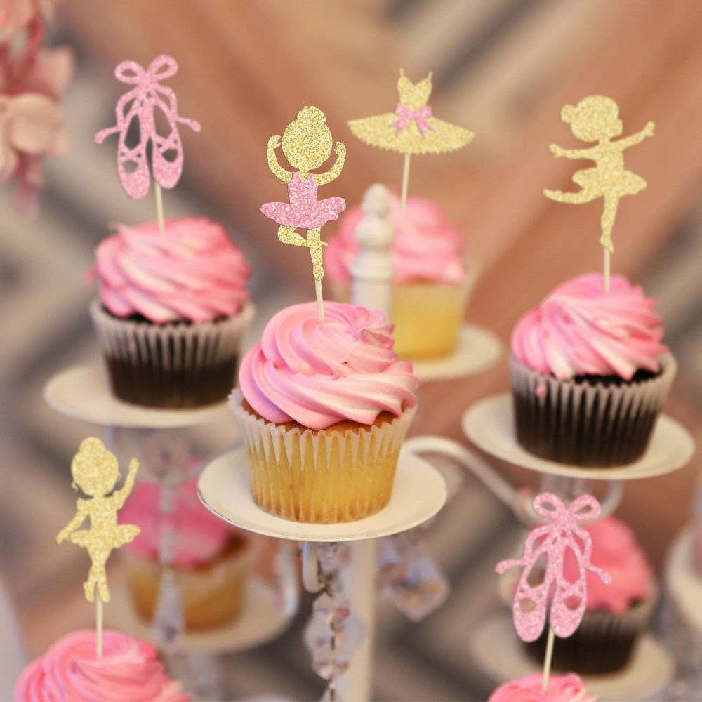 Gyufise 24Pcs Ballerina Tutu Cupcake Toppers Gold Glitter Ballet Girl Cupcake Toppers Ballet Slipper Cupcake Picks for Ballerina Theme Baby Shower Birthday Party Cake Decoration Supplies - Image 2
