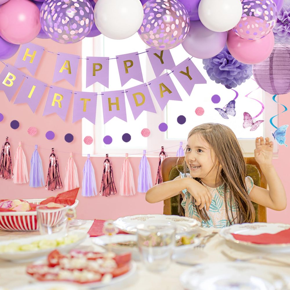 Purple Birthday Decorations for Women Girl Butterfly Theme Birthday Party Supplies 66Pcs Pink and Purple Balloons Pastel Macaron Dreamly Circle Dots Banner Butterfly Hanging Swirl Paper Lanterns Pom - Image 3