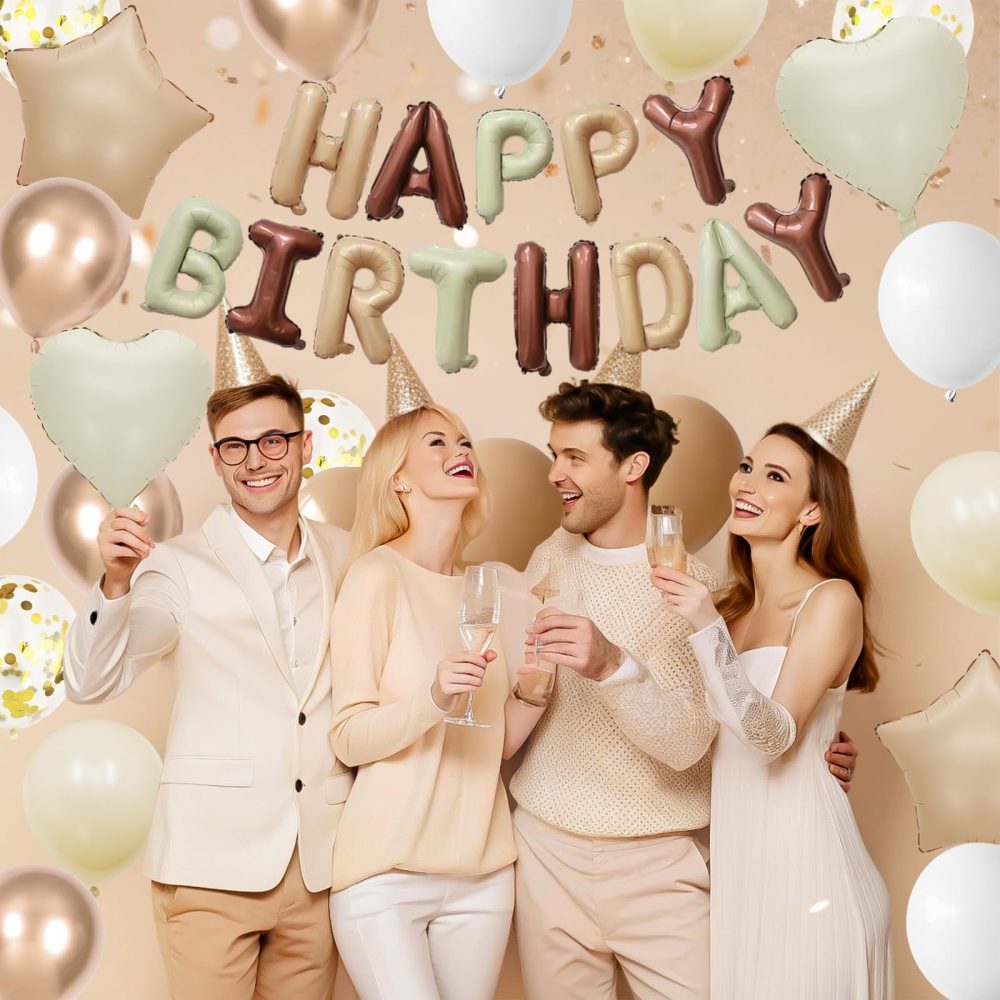 White Sand Gold Brown Birthday Decorations for Men Women Kids,White Sand Brown Gold Nude Balloons Boho Happy Birthday Balloons Banner Confetti Balloons for Birthday Baby Shower Party Decorations - Image 5