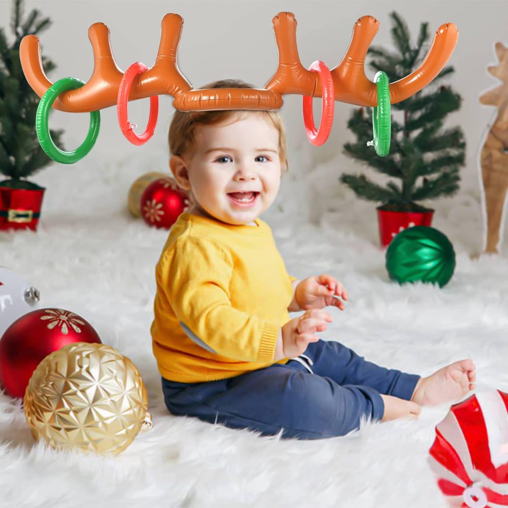 Faburo 7 PCS Christmas Party Toss Game Set Inflatable Reindeer Antler Hat, 6 Inflatable Rings 1 Antler for Kids Adults Christmas Eve Box Fillers Family Fun Games - Image 5