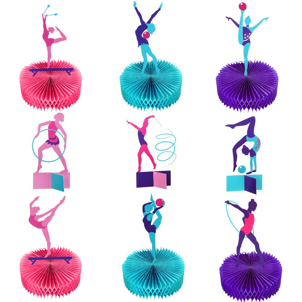 9 Pcs Gymnastics Party Decoration Girl Birthday Gymnastics Party Centerpiece Honeycomb Gymnastics Party Supplies Table Topper for Gender Reveal Baby Shower