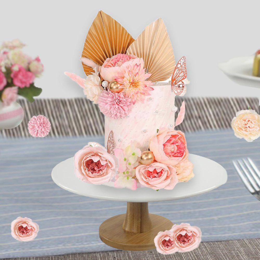 22 Pcs Cake Decoration Pink Cake Decorations with Paper Palm Fan and Butterfly Artificial Rose Flowers Cake Toppers Boho Cake Picks for Birthday Wedding Anniversary(Pink) - Image 2