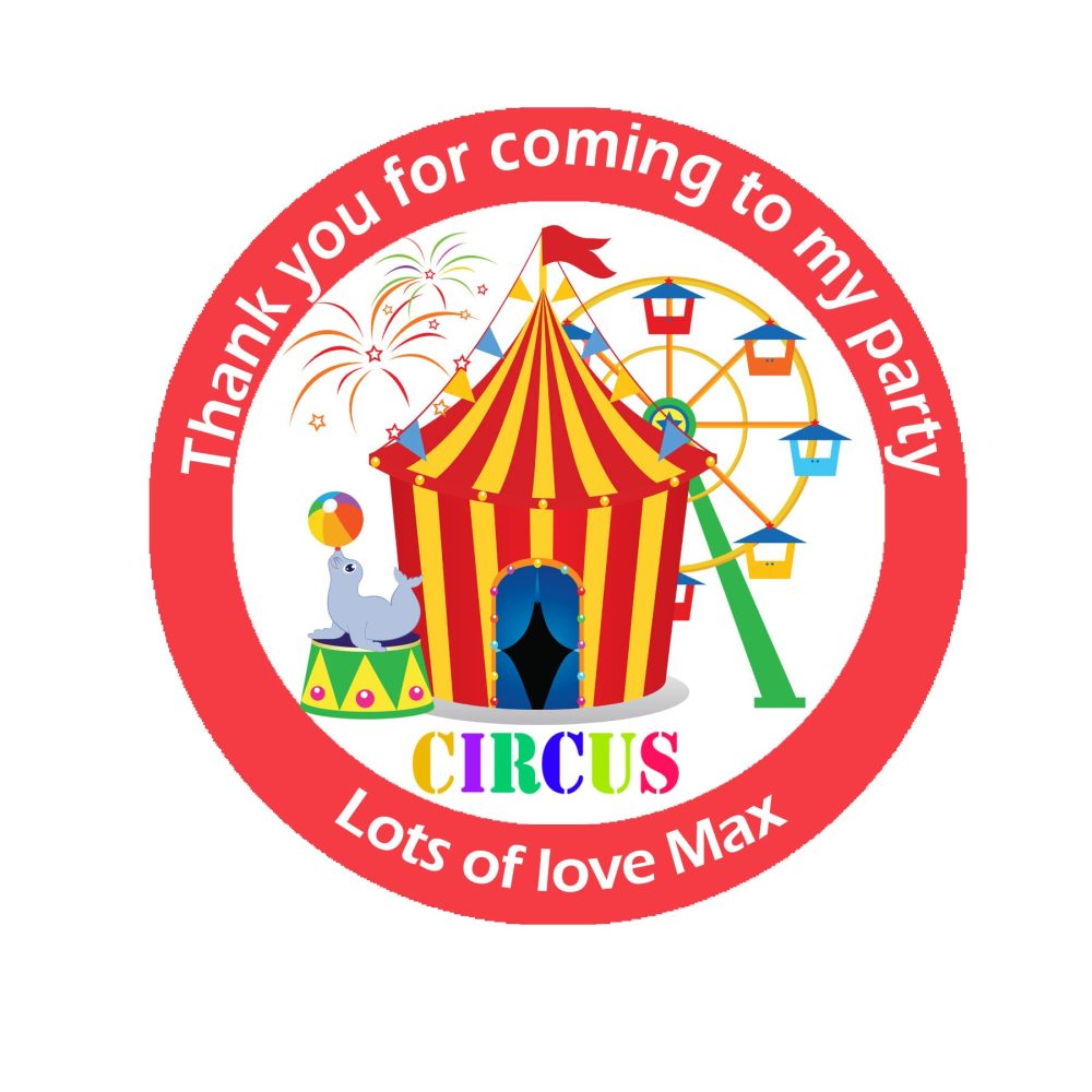 24 x Personalised Circus Theme Birthday Stickers for Party Thank You Sweet Cone Bags (Sticker, Red)