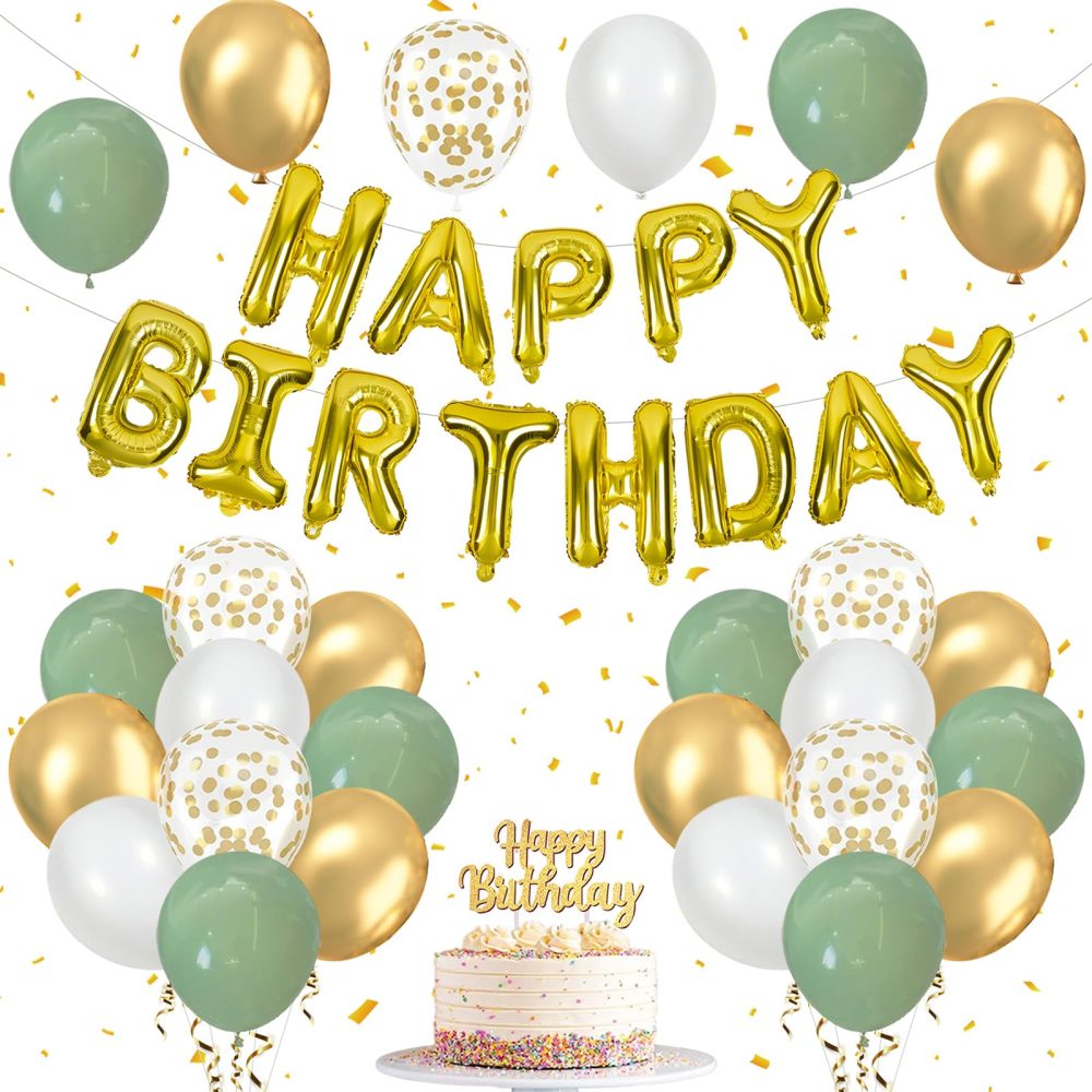 Sage Green Birthday Decorations Set, Happy Birthday Balloons with Sage Green White and Gold Balloons, Happy Birthday Banner and Cake Topper, Party Balloons for Birthday Party Decorations for Men Women