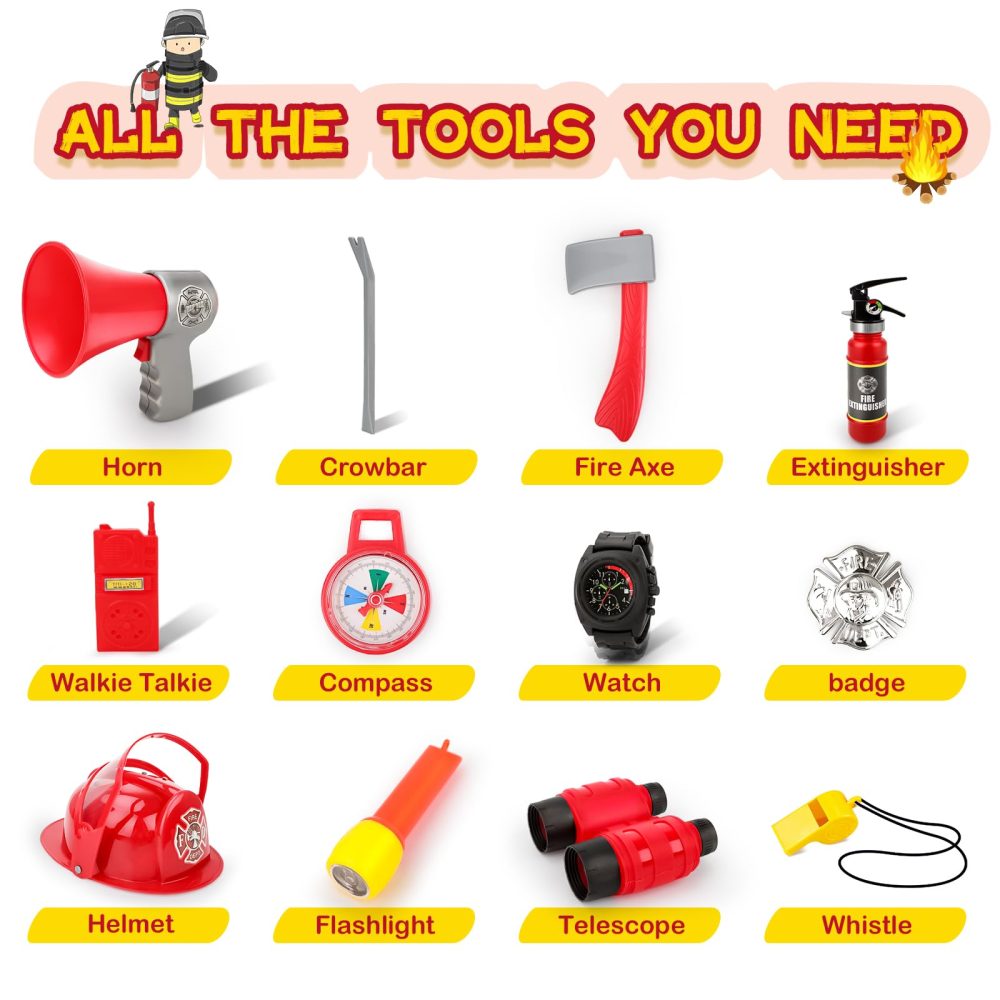 deAO Washable Kids Fireman Costume Role Play Toys with 13 Fire Fighter Toy Accessories, Storage Backpack and Water Shooting Extinguisher - Fancy Dress for Kids & Toddlers Halloween - Image 5