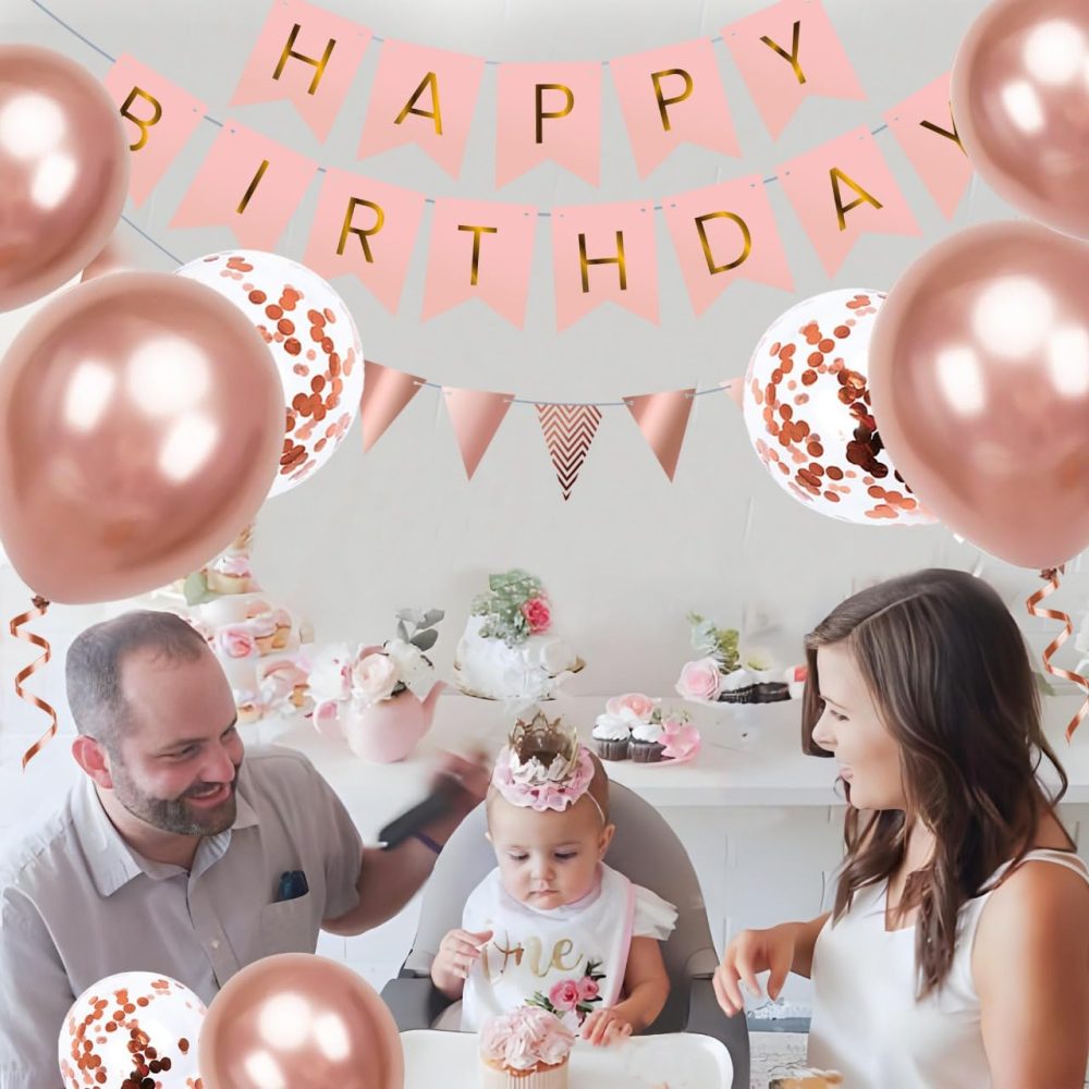OHugs Happy Birthday Banner - Rose Gold Birthday Party Decorations for Women and Girls with 12 Inch Metallic Rose Gold Balloons and Confetti Balloons - Happy Birthday Bunting Banner with Wall Hooks - Image 2