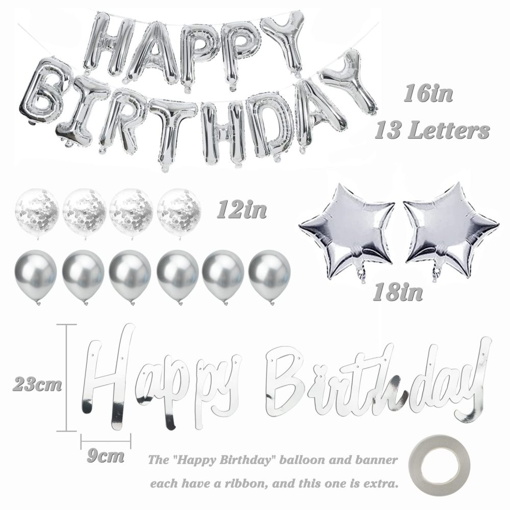 Happy Birthday Balloons, Silver Happy Birthday Balloons Banner Party Decoration, Birthday Banner Foil Balloons Self Inflating with Latex Balloons Confetti Balloons for Happy Birtyday Decorations. - Image 7