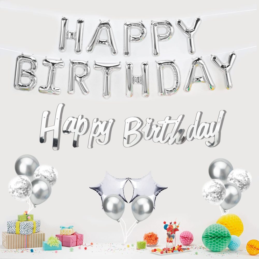 Happy Birthday Balloons, Silver Happy Birthday Balloons Banner Party Decoration, Birthday Banner Foil Balloons Self Inflating with Latex Balloons Confetti Balloons for Happy Birtyday Decorations. - Image 4