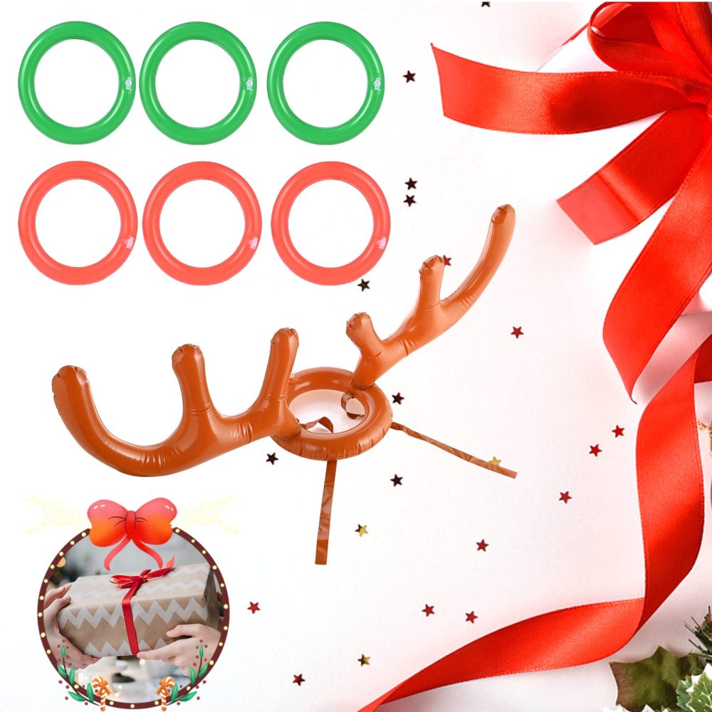 Faburo 7 PCS Christmas Party Toss Game Set Inflatable Reindeer Antler Hat, 6 Inflatable Rings 1 Antler for Kids Adults Christmas Eve Box Fillers Family Fun Games - Image 3