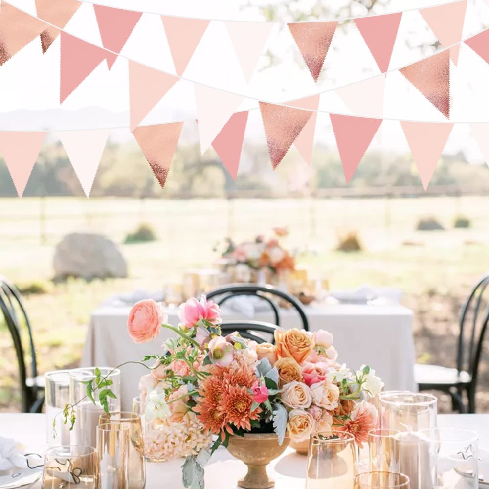32Ft Dusty Blush Pink Rose Gold Bunting Banner Party Decorations Fabric Triangle Flag Pennant Garland Streamers for Birthday Wedding Baby Bridal Shower Anniversary Outdoor Garden Hanging Decoration - Image 3