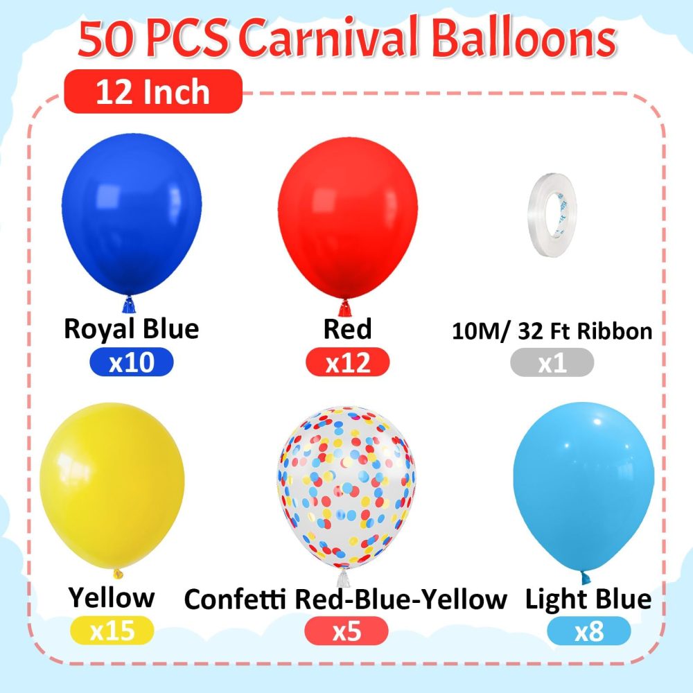 Paready Red Yellow Blue Balloons, 50 Pcs Carnival Circus Party Balloons, 12 Inch Royal Light Blue Matt Red Yellow Confetti Balloons Helium for Kids Baby Shower Birthday Circus Theme Party Decorations - Image 8