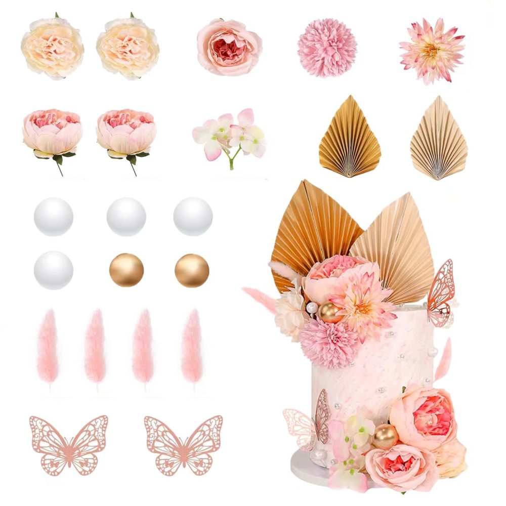 22 Pcs Cake Decoration Pink Cake Decorations with Paper Palm Fan and Butterfly Artificial Rose Flowers Cake Toppers Boho Cake Picks for Birthday Wedding Anniversary(Pink)