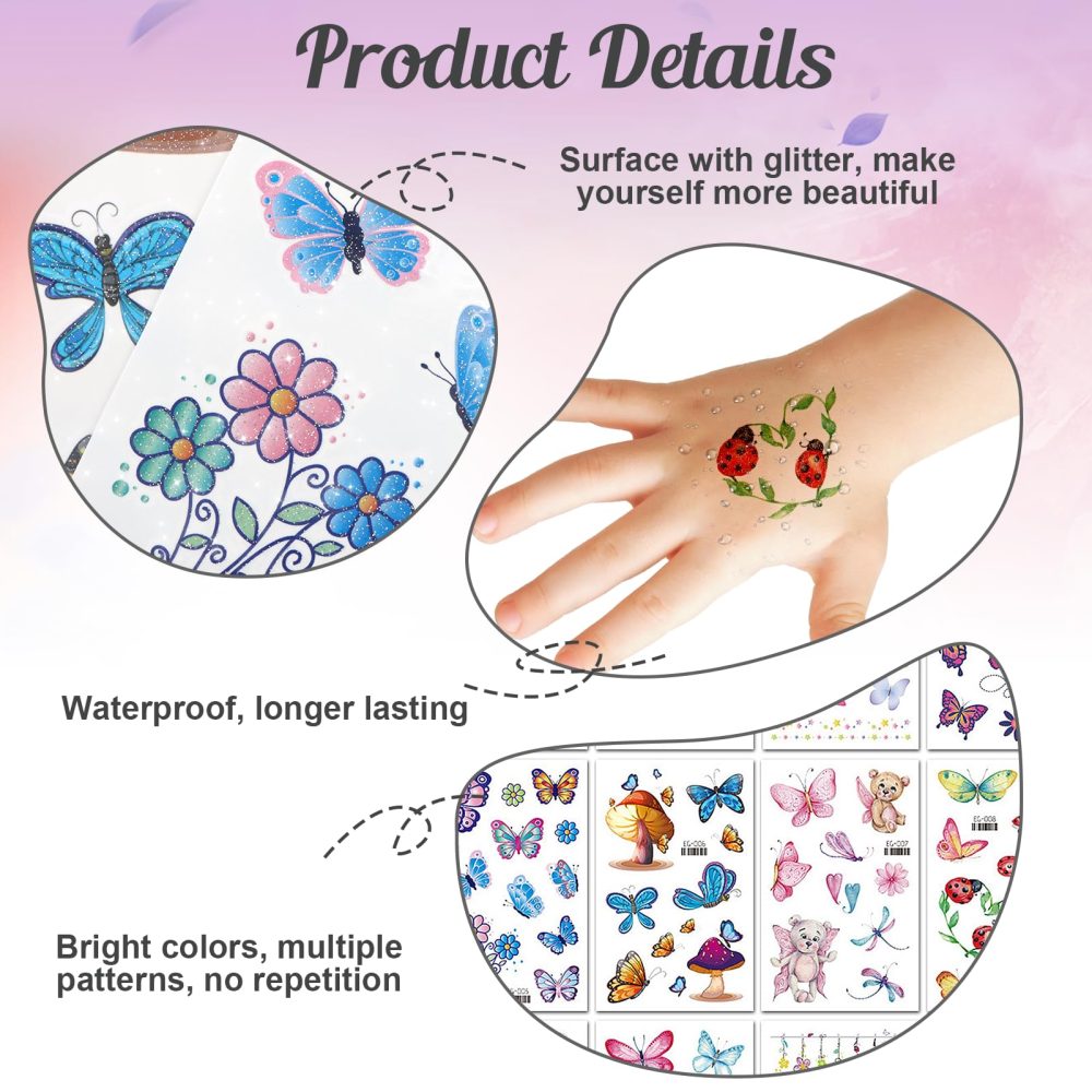 130 Styles Butterfly Temporary Tattoos, 12 Sheets Glitter Butterfly Stickers Waterproof Removable Butterfly Tattoos Butterfly Favours Party Bag Fillers for Girls Kids Children Birthday Party Carnival - Image 3