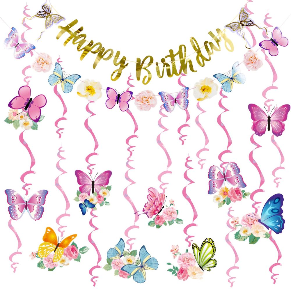 SUNBEAUTY Butterfly Birthday Party Decorations Paper Flowers Hanging Butterfly Decorations Butterfly Birthday DIY Banner Hanging Swirls Decorations Birthday Decorations for Women Girls Children