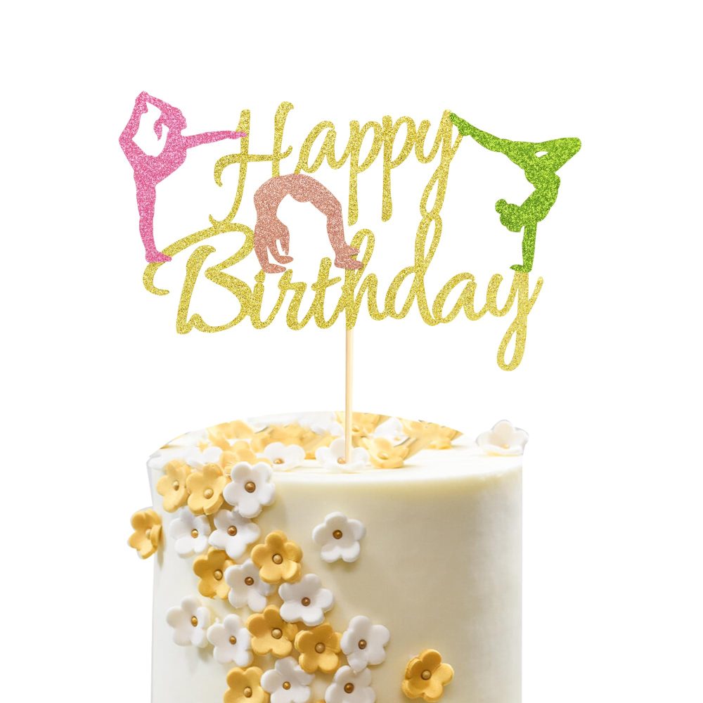 Arthsdite Gymnastics Cake Topper Gymnast Cake Pick for Gymnastics Theme Baby Girl Happy Birthday Party Decorations - Gold Glitter