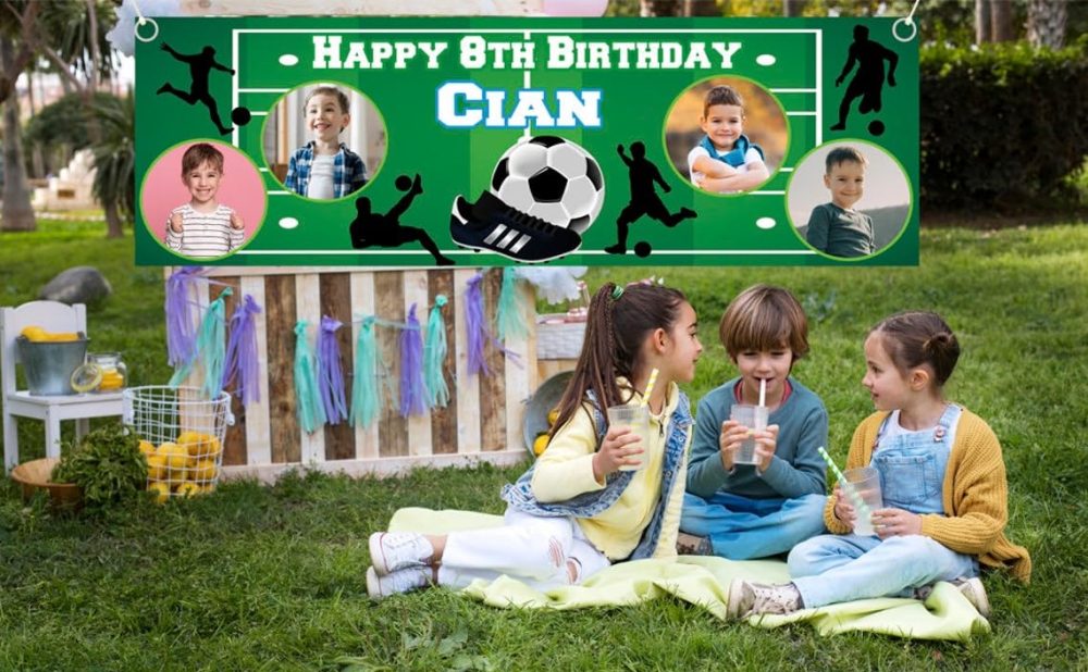 2 Personalised Happy Birthday Photo Banner Football Stadum Custom Photo Name Age Poster Kids Children Boy Party Banner Gift Decoration - Image 2