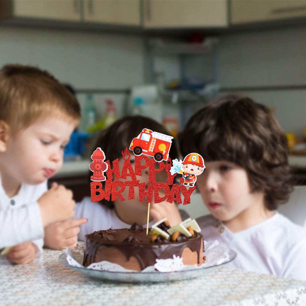 Gyufise 1Pcs Fireman Happy Birthday Cake Topper Glitter Fire Truck Firefighter Cake Pick Fire Department Theme Baby Shower Kids Birthday Party Cake Decorations Supplies Red - Image 4