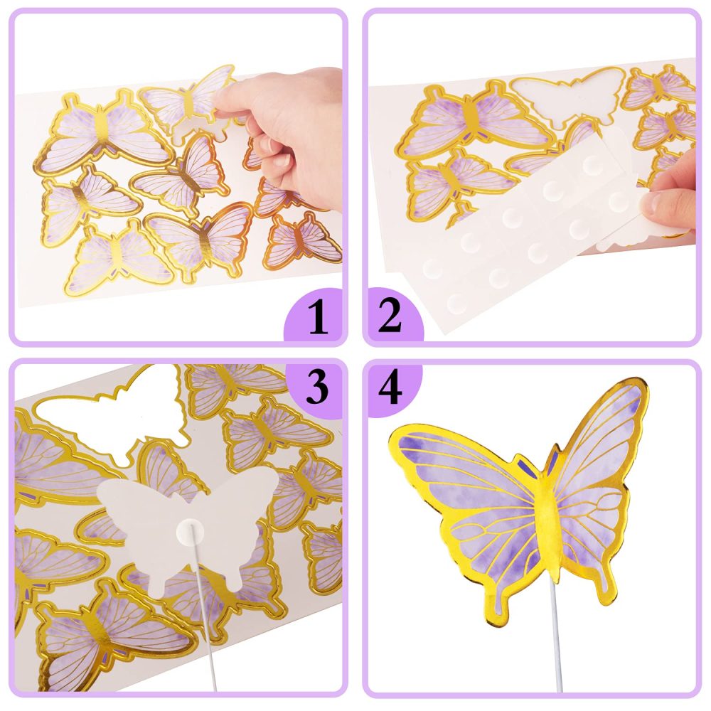 OWill 22-Pieces Butterfly Cake Decorations with Happy Birthday Acrylic Cake Toppers for Baby Shower Wedding Birthday Party Decor (Purple & Pink) - Image 5
