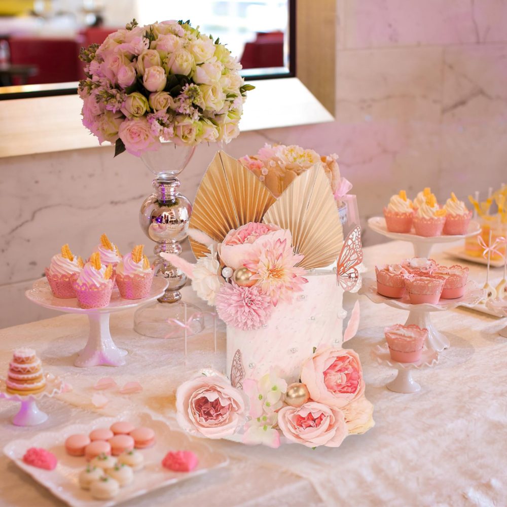22 Pcs Cake Decoration Pink Cake Decorations with Paper Palm Fan and Butterfly Artificial Rose Flowers Cake Toppers Boho Cake Picks for Birthday Wedding Anniversary(Pink) - Image 4