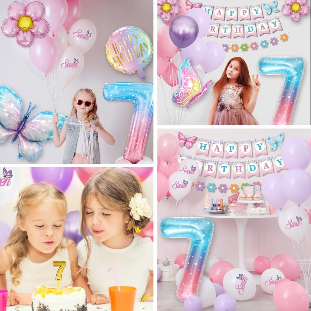 7th Birthday Decorations, Pink Purple Birthday Balloons, Butterfly Birthday Party Decorations, Set With Butterfly Foil Balloons, Butterfly Design Banner, Butterfly Sticker - Image 2