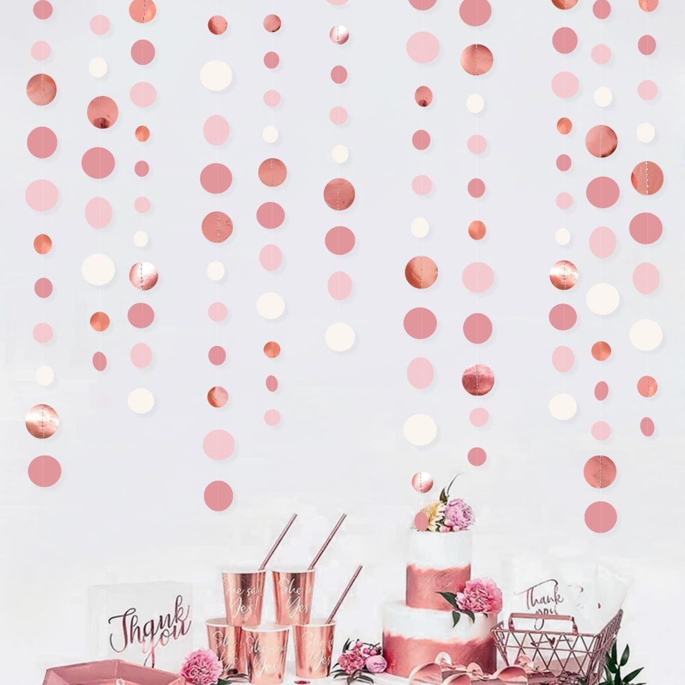 46Ft Rose Gold Blush Pink Circle Dots Garland Party Decorations Dusty Pink Hanging Paper Polka Dots Streamer for Birthday Wedding Bridal Shower Anniversary Bachelorette Engagement Baby Shower Decor - Image 6