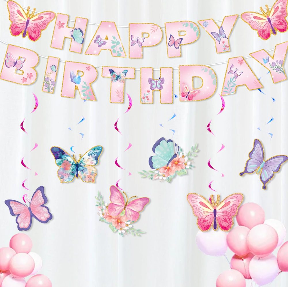 Butterfly Birthday Decorations,Butterfly Decorations Butterflies Decorations Hanging Swirls Happy Birthday Banner Birthday Decoration for Women Birthday Decorations for Girls Birthday Girl Decoration - Image 3