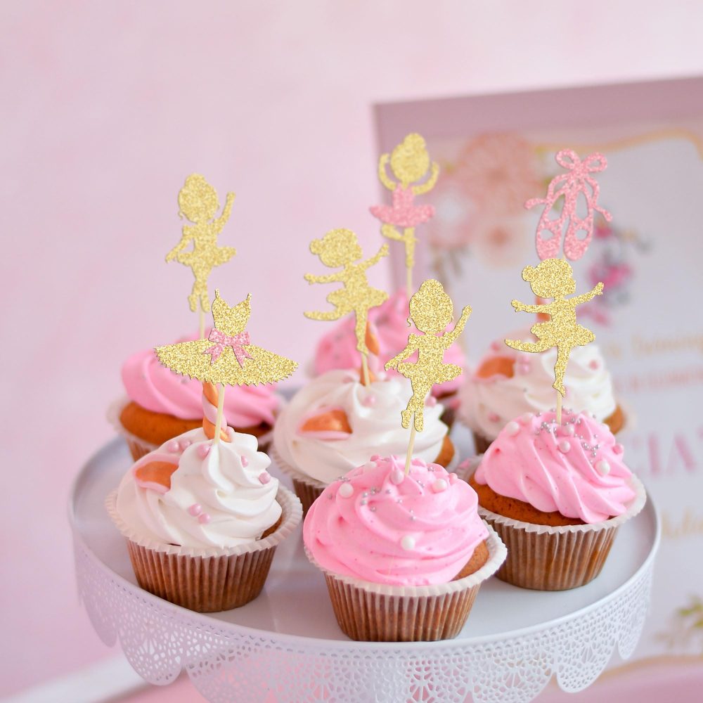 Gyufise 24Pcs Ballerina Tutu Cupcake Toppers Gold Glitter Ballet Girl Cupcake Toppers Ballet Slipper Cupcake Picks for Ballerina Theme Baby Shower Birthday Party Cake Decoration Supplies - Image 5