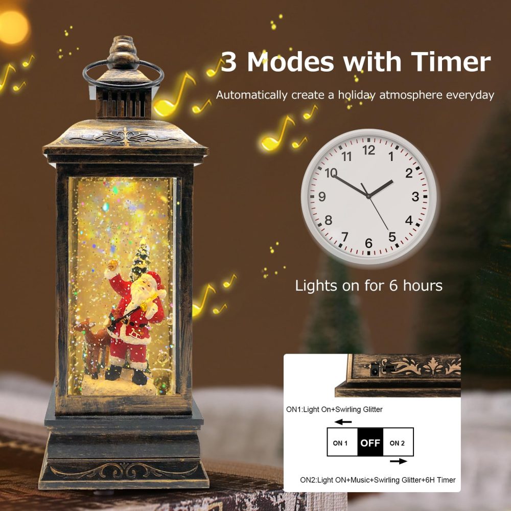 Marsyu Christmas Lantern Musical Christmas Snow Globes, USB & Battery Powered Rotating Glittering Water Lanterns with Timer, Vintage Christmas Decorations Home Décor Gifts (Santa Moose Snow Scene) - Image 7